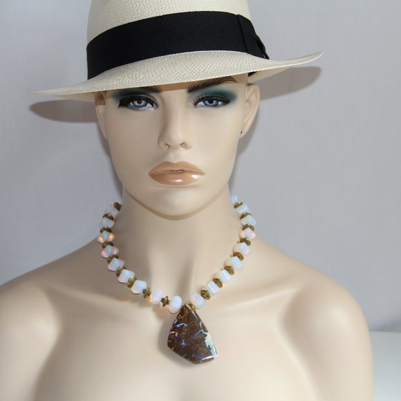 Opalite and Brass Bead Necklace with Boulder Opal